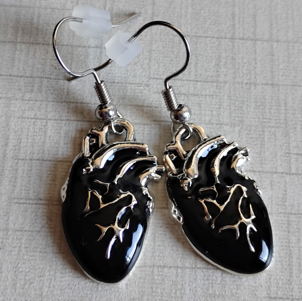 Black Anytomical Heart Earrings 18k Gold Plated Homemade 🖤 Enamel Metal